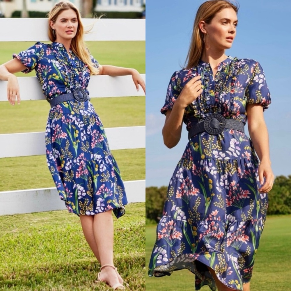 J. Mclaughlin Harper Silk Dress Navy Sprig Floral Botanical Tiered Puff Sleeves